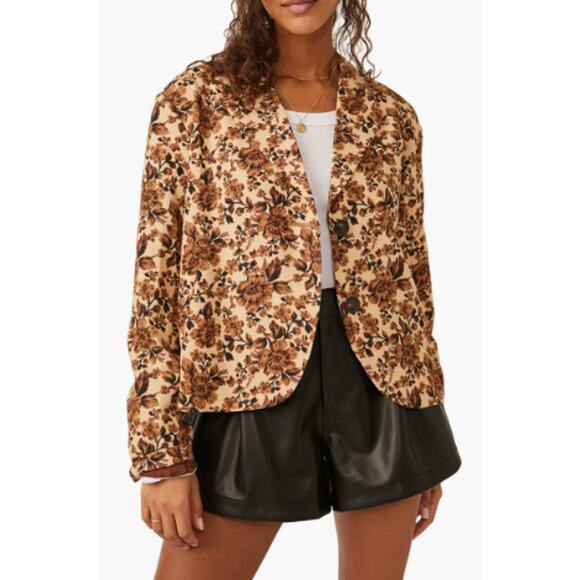 Free People Cali Floral Print Boxy Single Breasted Blazer Sand Combi Size Large - Picture 1 of 13